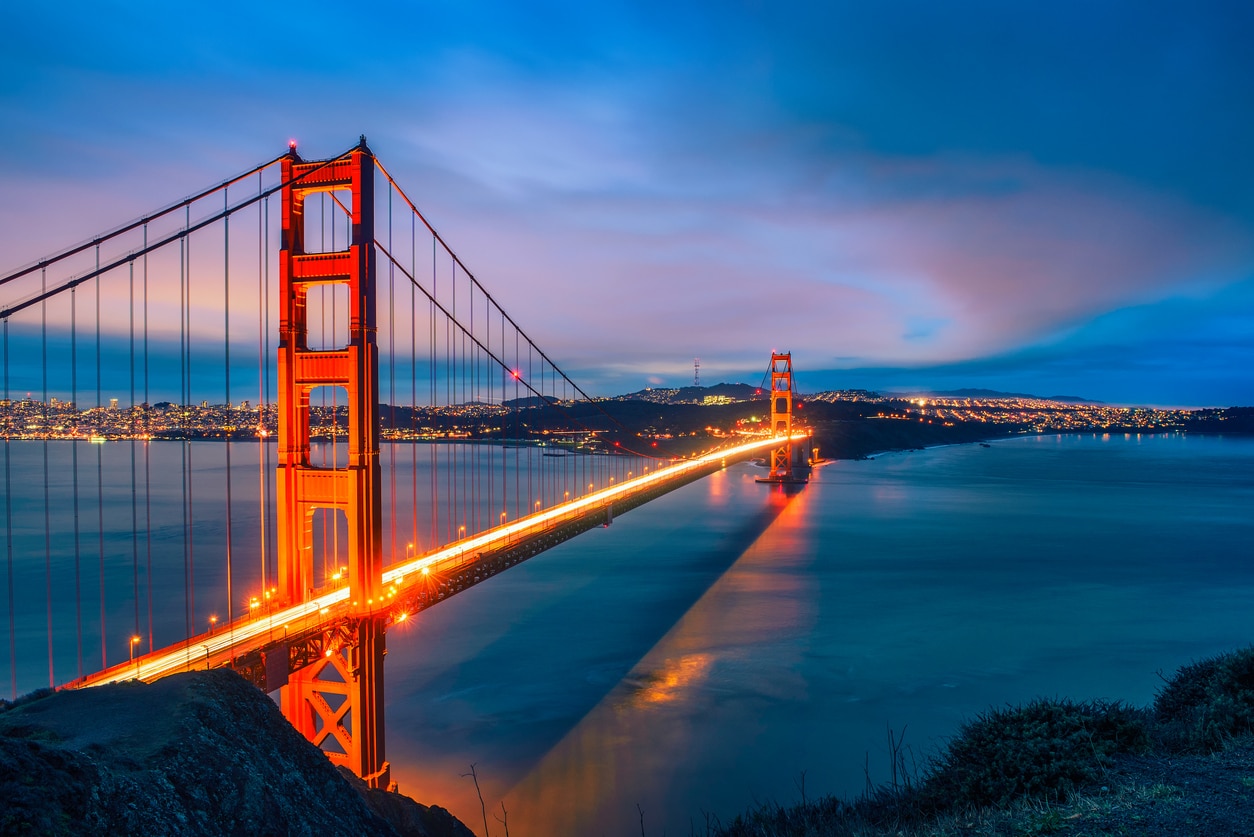 Golden Gate Bridge at dusk, illuminated against the San Francisco skyline and bay