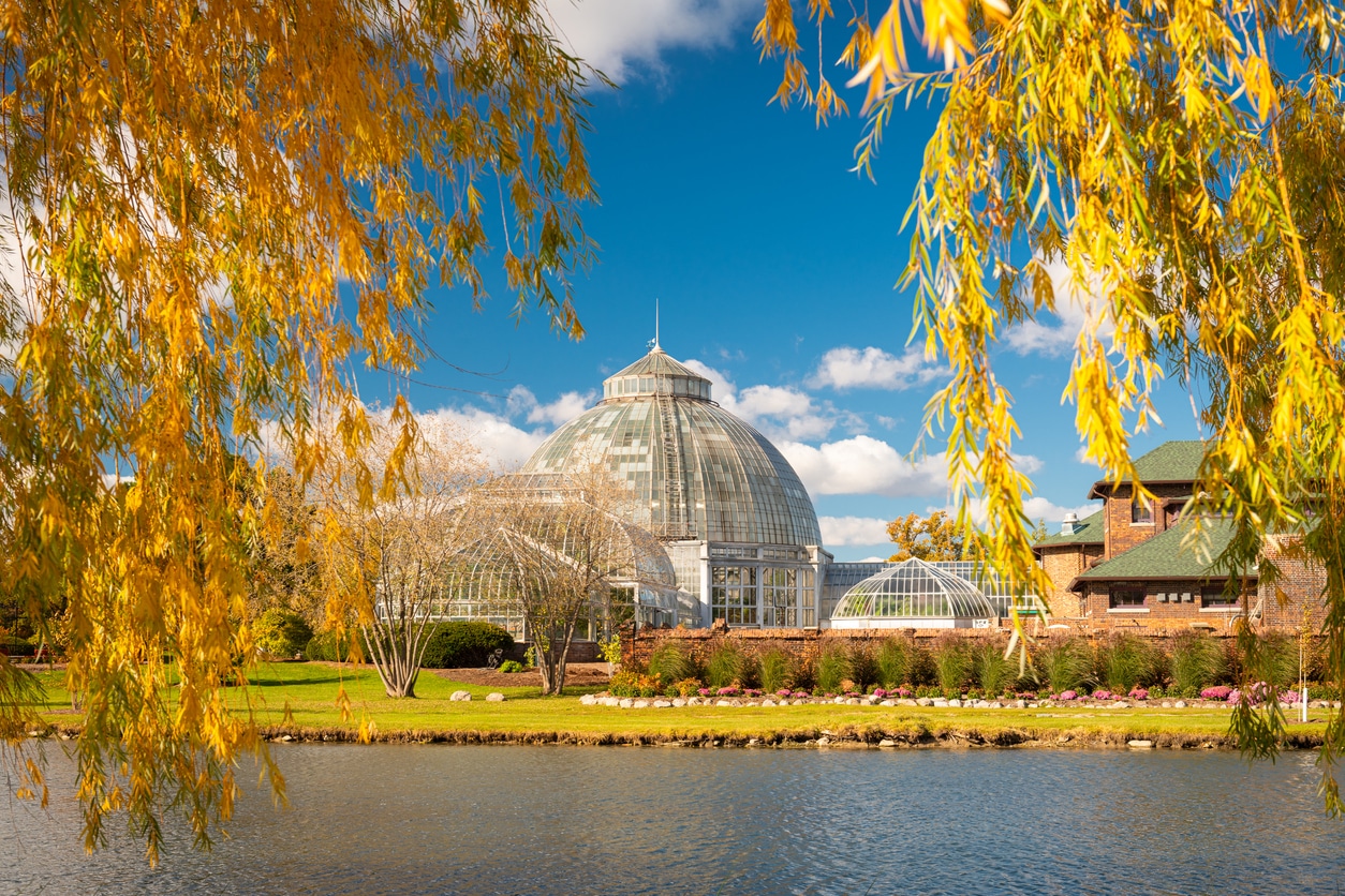 Anna Scripps Whitcomb Conservatory on Belle Isle in Detroit, reflected in water with golden autumn willow trees