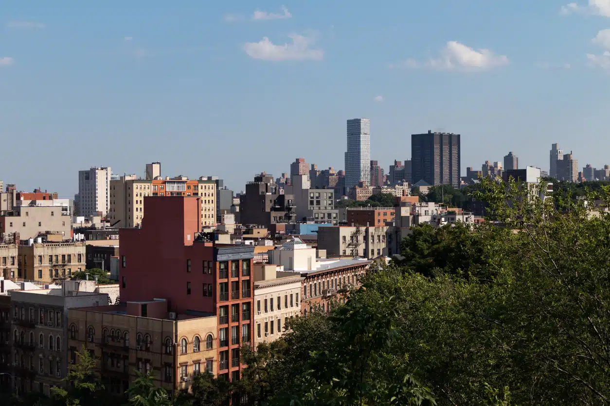 High-angle view of a Harlem NYC neighborhood with public housing projects and apartment buildings