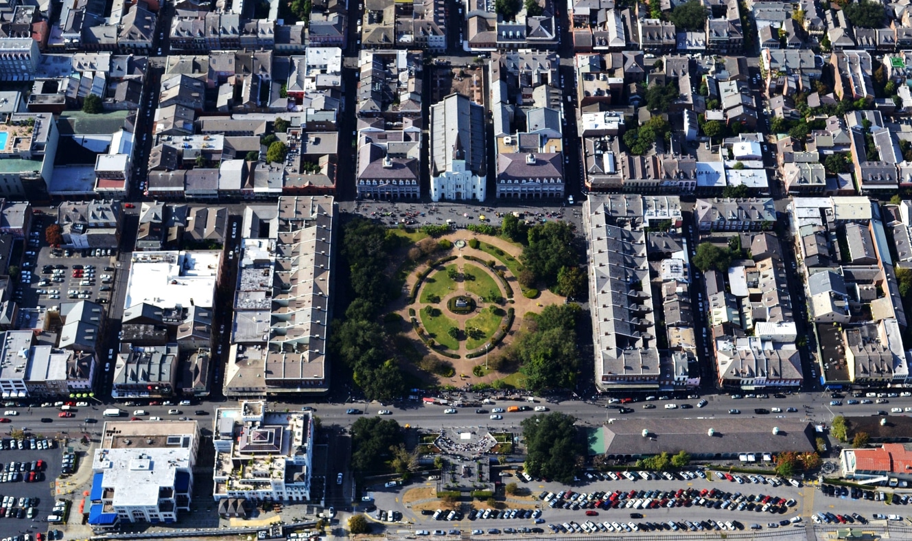 Aerial view of New Orleans' French Quarter, one of the best New Orleans neighborhoods