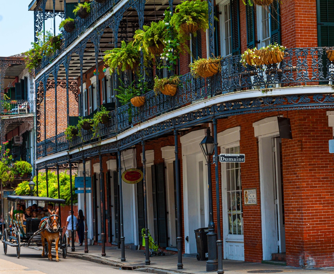Royal Street in New Orleans’ French Quarter with iron balconies, hanging ferns, and a horse-drawn carriage