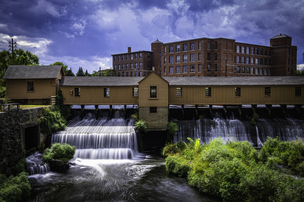 Autumn in Lowell, MA, with view of the Lower Locks Gatehouse and Merrimack River.