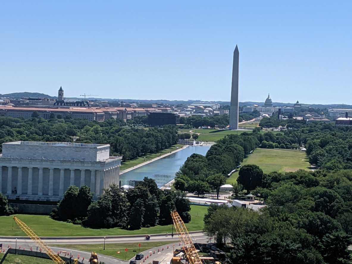 Aerial view of the Lincoln Memorial, Reflecting Pool, Washington Monument, and Capitol Building in Washington, D.C.
