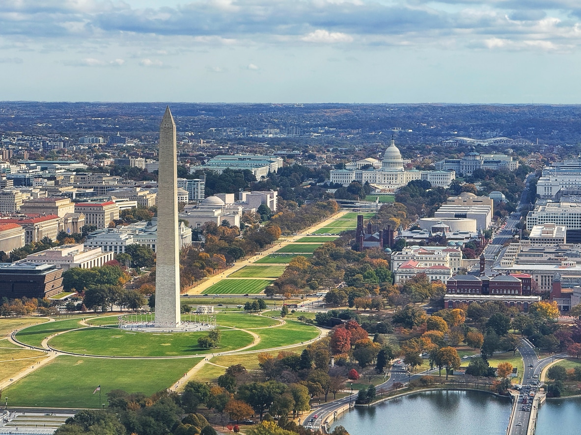 Aerial view of the Washington Monument and Capitol Building on the National Mall. Living in Washington, D.C.