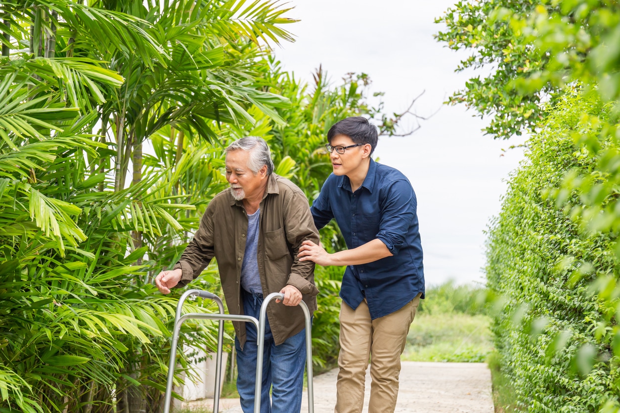 Senior asian father and middle aged son walk in the park, Elderly senior man with son walking outdoor in garden, Happiness Asian family concepts A younger man assists his elderly parent with moving along a lush, green outdoor path