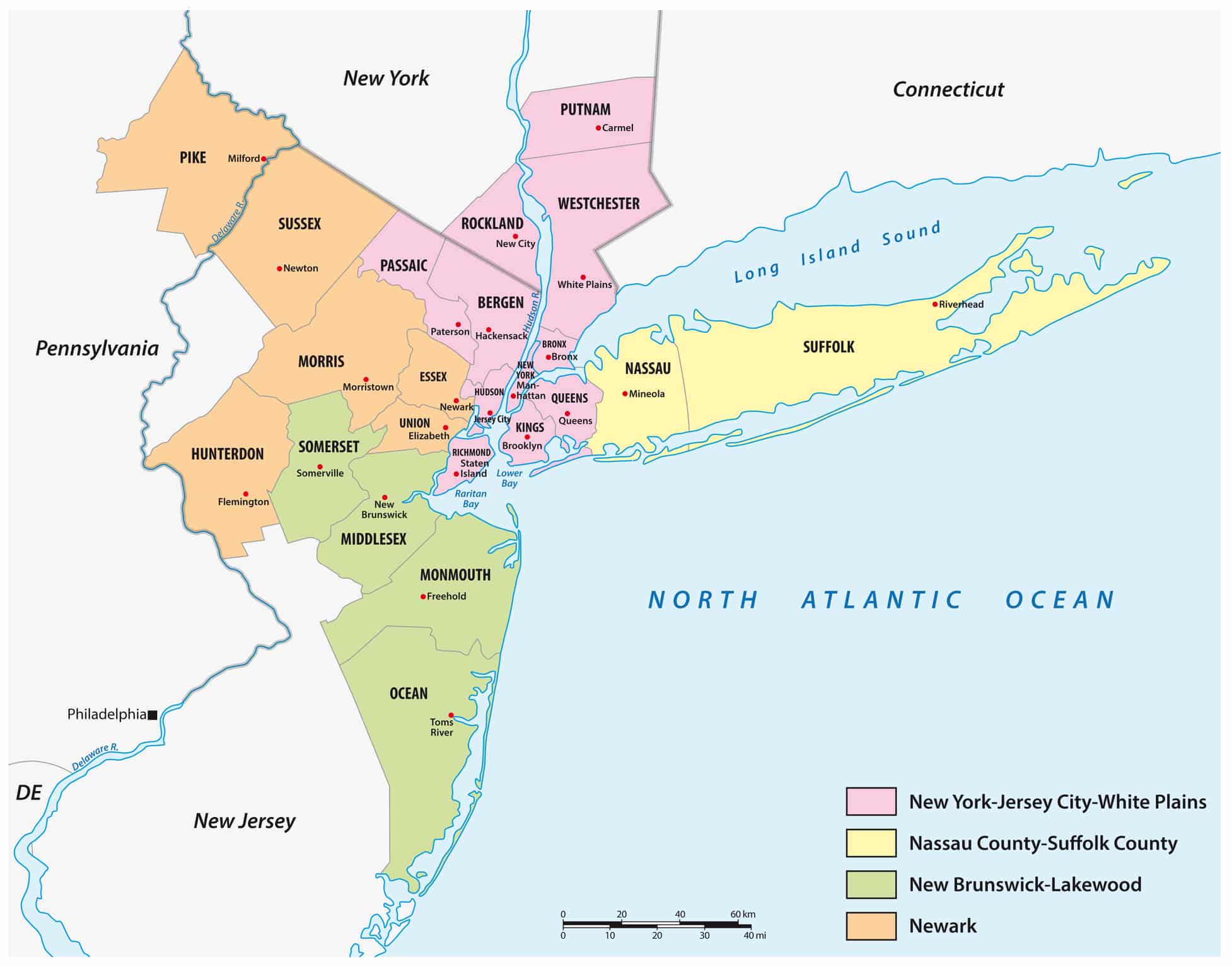 Map of New Jersey showing its four main regions and the best cities to live in New Jersey