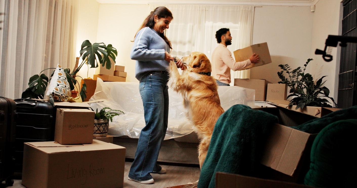 A man moves boxes as a woman plays with their golden retriever, an example of how to move with pets