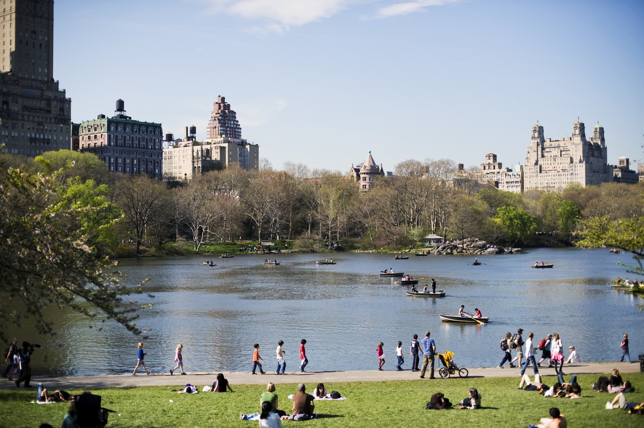 People enjoy a sunny day in Central Park, with rowboats on the lake and historic city buildings in the background