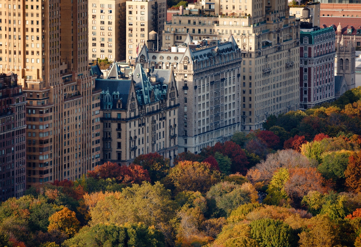 Aerial view Upper West Side buildings Central Park, New York Aerial view of historic ornate buildings next to a dense forest of autumnal trees in Central Park, NYC