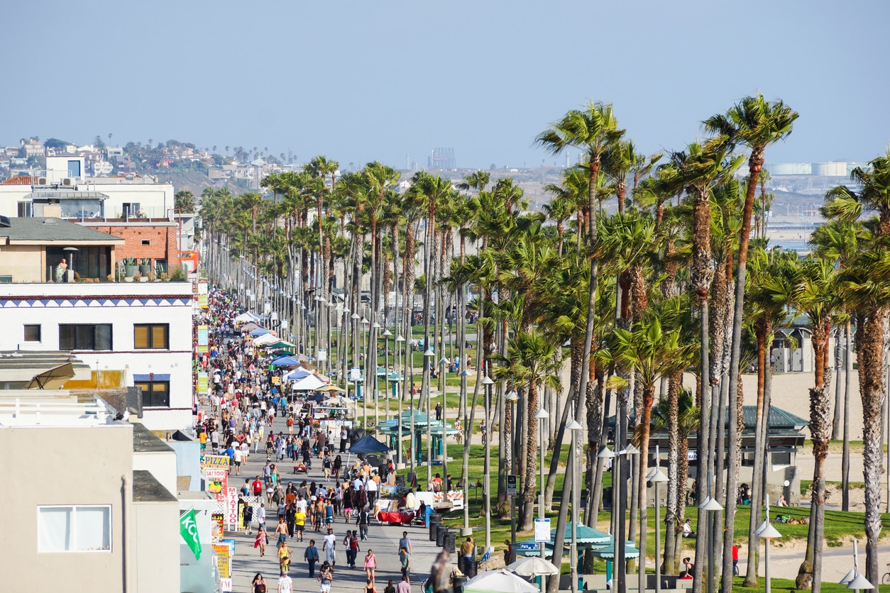 The Ocean Boardwalk at Venice Beach Crowded LA beach boardwalk lined with tall palm trees, vendor tents, and pedestrians