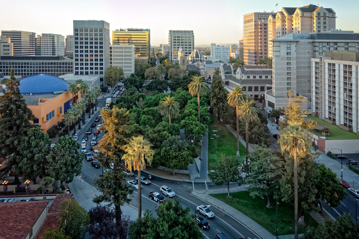 An aerial view of a green city park with palm trees in one of the best neighborhoods in San Jose