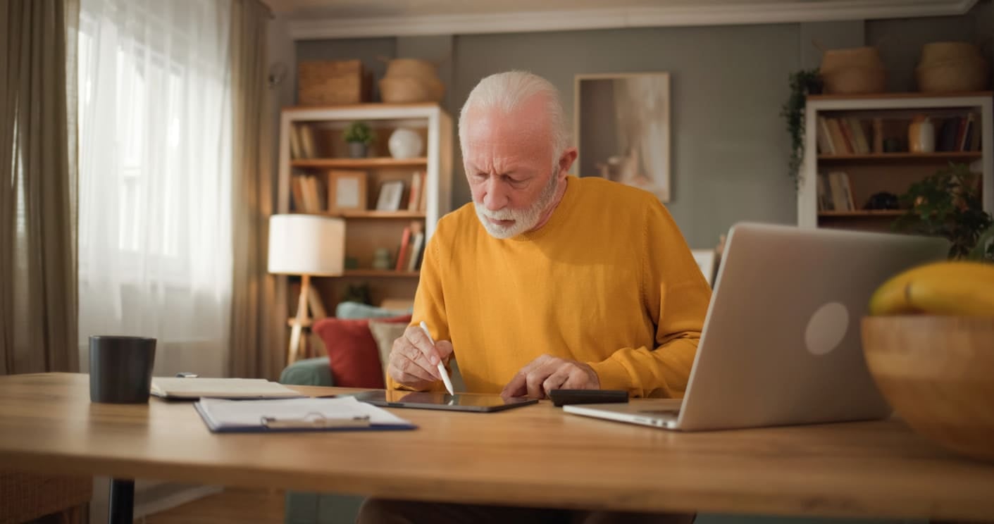 Senior man planning retirement finances using tablet and laptop An older man in a yellow sweater sits at a wooden table, learning downsizing tips for seniors