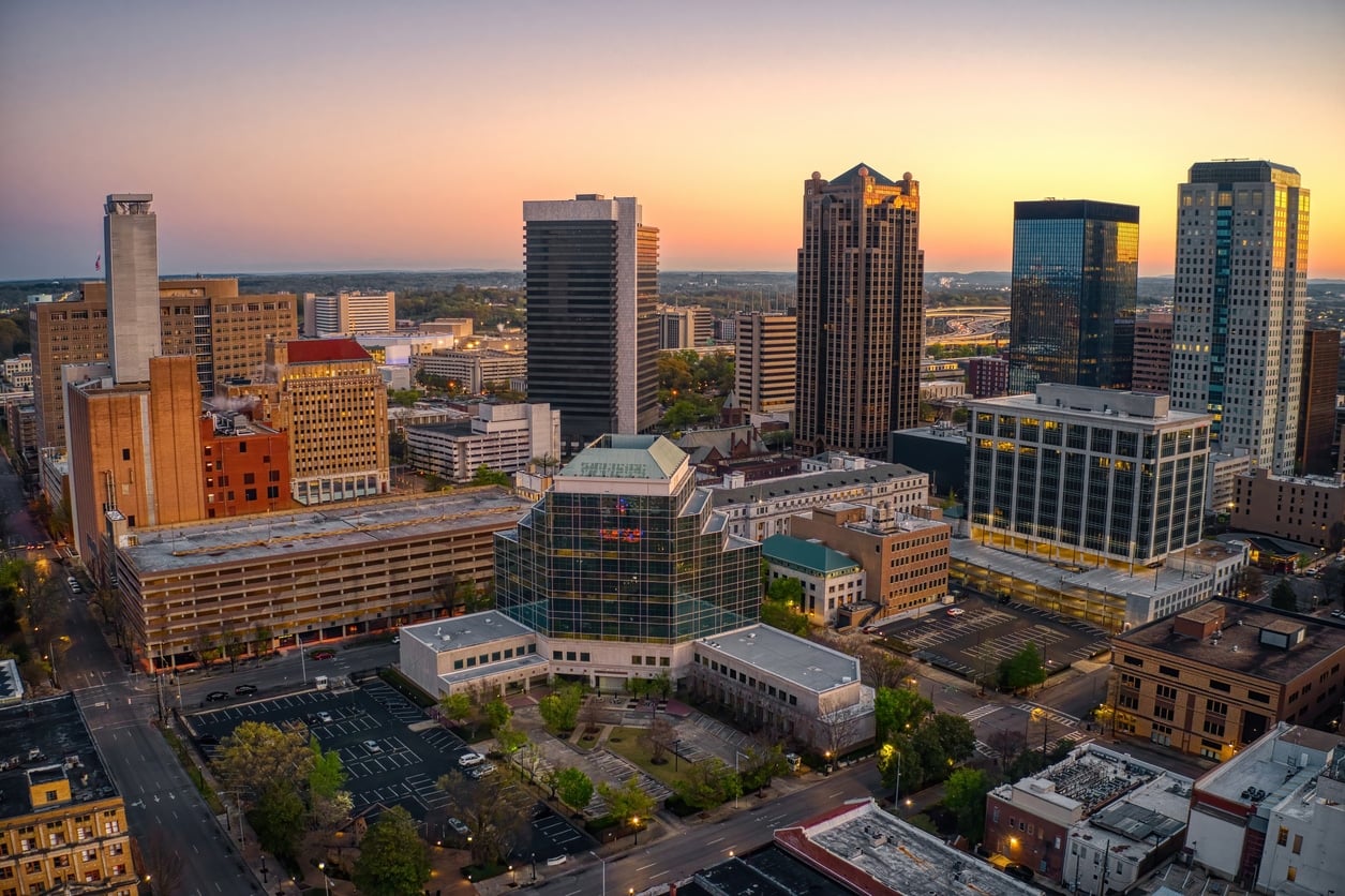 Aerial view of modern downtown skyscrapers greeting those living in Alabama